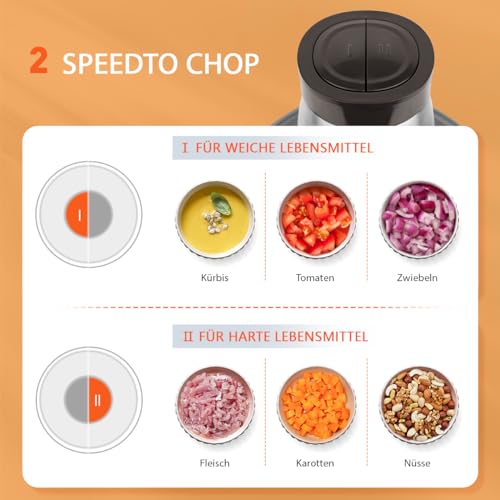 Bear 2 L + 1.8 L Electric Mini Chopper 600 W 2 Speed Levels Chopper with 4 Stainless Steel Blades and Meat Grinder, Glass Container Chopper for Meat, Baby Food, Fruit, Vegetables | Glass & 304 stainless steel bowls, 2 speeds, 4 steel blades, chopping meat, baby food, fruit, vegetables