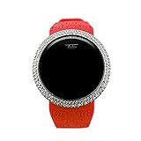 Techno Pave Iced Out Bling Lab Diamond Silver Red Digital Touch Screen Sports Watch Rubber Band