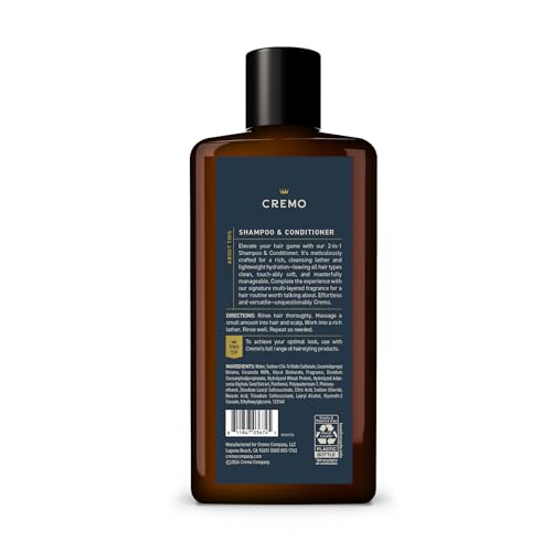 CREMO PALO SANTO BARBER GRADE 2-N-1 SHAMPOO & CONDITIONER, NOTES OF BRIGHT CARDAMOM, DRY PAPYRUS AND AROMATIC PALO SANTO,16 FL OZ
