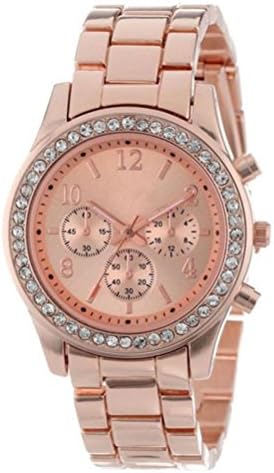 Faux Chronograph Quartz Plated Classic Round Ladies Women Crystals Watch metal vintage rhinestone cheap (S, Rose Gold)