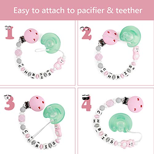 Pacifier Clip Personalized Name, MCGMITT Customized Binky Holder Teething Silicone Beads for Baby Girls Boys (Pink) - Thumbnail 5
