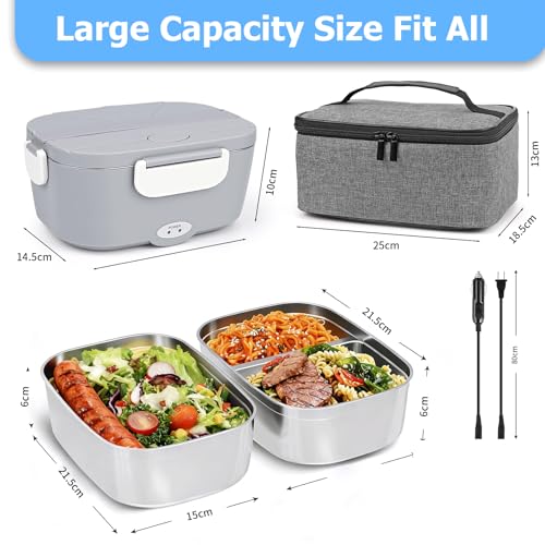ZWOOS® 100W Scaldavivande Elettrico Portatile 12V 24V 220V Scalda Vivande Elettrico con Borsa Forchetta e Cucchiaio per Auto Camion e Ufficio Schiscetta Pranzo Riscaldabile 2 Contenitori Acciaio Inox