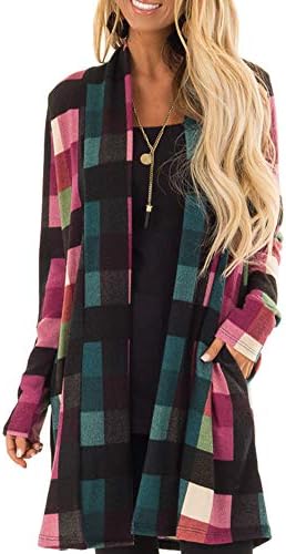 Poulax Women's Long Sleeve Plaid Print Knitted Open Front Long Cardigan Sweater with Pockets