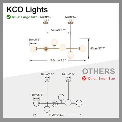 KCO Lighting 6 Light Milky Glass Chandelier, Modern Linear Globe Chandelier, White and Gold Pendant Lamp Mid-Century Rectangular Chandelier for Kitchen Island