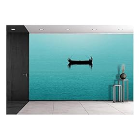 Two Persons Fishing in a Boat on Blue Sea - Removable Wall Mural | Self-Adhesive Large Wallpaper - 66x96 inches