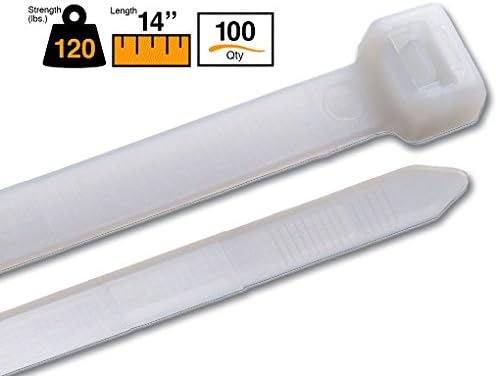 BuyCableTies 14" Light to Heavy Duty Indoor Cable Ties - 120 lb Rated - Made in USA - Natural/Clear - 100 per bag