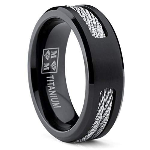 Black Titanium ring Wedding band with Stainless Steel Cables size 12