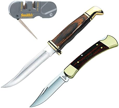 Save set Buck Knives 0102 Woodsman Fixed Blade Knife with Sheath (Orange) plus Folding Hunter knife plus Grey Smith's PP1 Pocket Pal Multifunction Sharpener