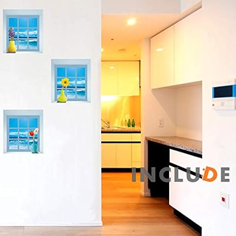 Amazon ウォールステッカー 窓 ３枚窓 窓から海が見える 花瓶 晴れた海 トリックアート 3dアート 立体的 本物と間違う まぶしい窓 P Kan ウォールステッカー オンライン通販