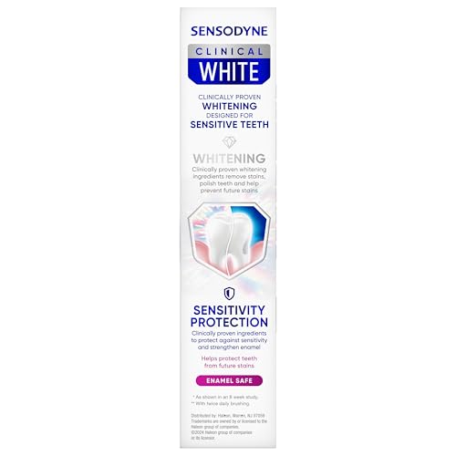 SENSODYNE CLINICAL WHITE TOOTHPASTE CLINICALLY PROVEN WHITENING FOR SENSITIVE TEETH, STAIN PROTECTOR, 3.4 OZ