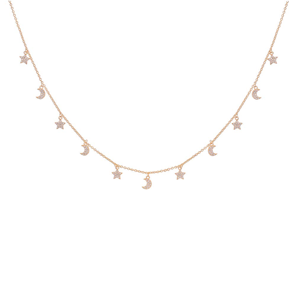 PengJin Cubic Zirconia Crystal Star Moon/Star Multi Drop Choker Necklace Rose Gold Silver Women's Fashion Jewelry for Girls Women's Birthday New Year Valentine's Day Gift