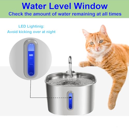 Cat Water Fountain Stainless Steel: 74oz/2.2L Cats Fountain for Drinking - Water Fountains for Cats Indoor - Quiet pet Water Fountain - Kitty spout cat Water Fountain - for Pets& Small Animals