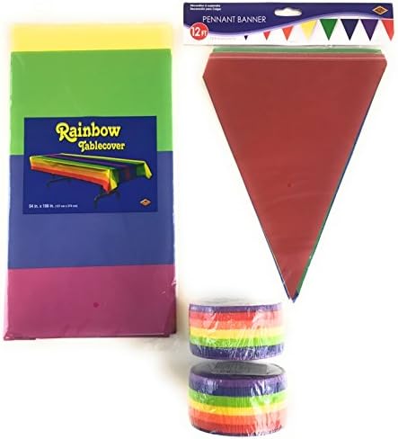 Rainbow Party Decorations For Kids Birthday Supplies Pack Bundle- Includes Tablecloth, Banner and Two Rolls of Streamers.