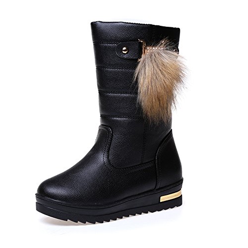 Btrada Winter Women's Warm Calf-Mid Boots Fur Lined Waterproof Antiskid Pom Pom Pull On Snow Booties