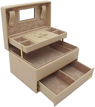 Cordays Medium Jewellery Box Premium Quality - Auto Opening with 3 Levels Handcrafted in Sand Saffiano Leatherette CDL-10056