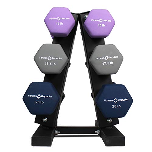 Fitness Republic Solid Steel Dumbbell Rack Holder, A-Frame Dumbbell Storage Racks, Free Weights Stand for Home Gym Exercise, Neoprene Dumbbells Pairs (15lb, 17.5lb & 20lb) with 3 Tier Rack Combo