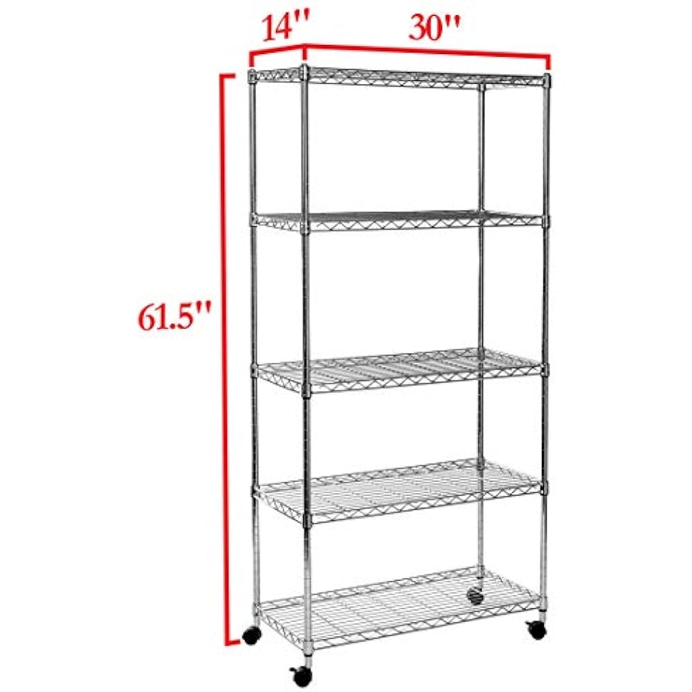 5Tier Steel Wire Shelving Wheels, 30" X 14" D 60" H, Chrome Home