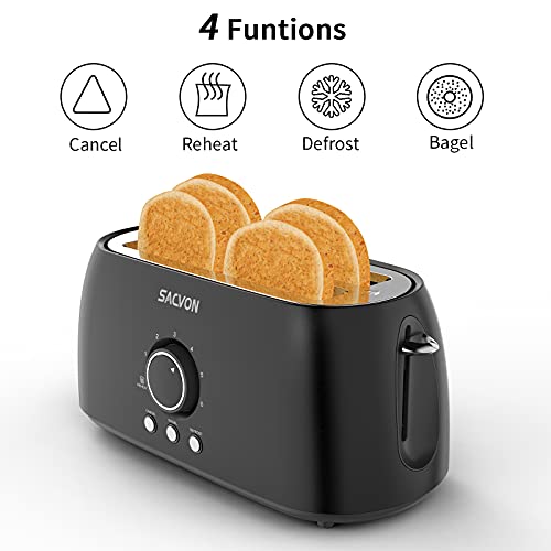Toaster 4 Slice, Toaster 2 Long Slot, SACVON Retro Black Toasters