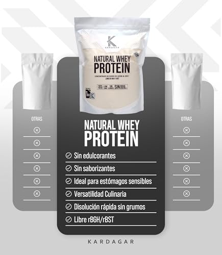KARDAGAR Whey Protein Natural Concentrado WPC80 1Kg y Vaso Shaker Beige 550ml 16.4g Proteina Sin Sabor en Polvo 1.5g Carbohidratos por porción Sin Edulcorantes ni Aditivos Apoyo al Desarrollo Muscular