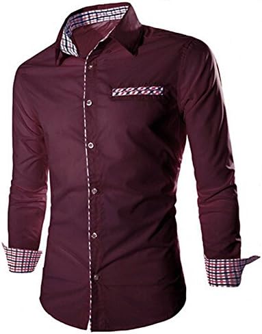 CHK Men's Casual Long Sleeve Plaid Pocket Dress Shirt Slim Fit -Burgundy