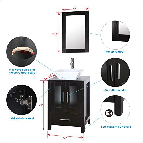 60" Bathroom Vanity Cabinet Double Top Sink Combo Black MDF Wood w/Mirror Faucet and Drain