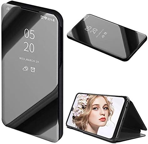 Clear Window View Case for Huawei P30 Lite,Mirror Plated Flip Stand Leather Phone Case for Huawei P30 Lite,Moiky Luxury Noble Black Mirror Metal Electroplated Magnetic Closure Cover
