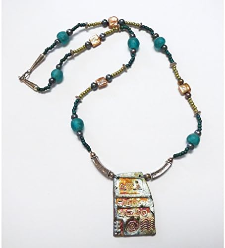 N7 - Handmade Raku and recycled bottle glass necklace with pearls - One of a kind made by Patricia Gould