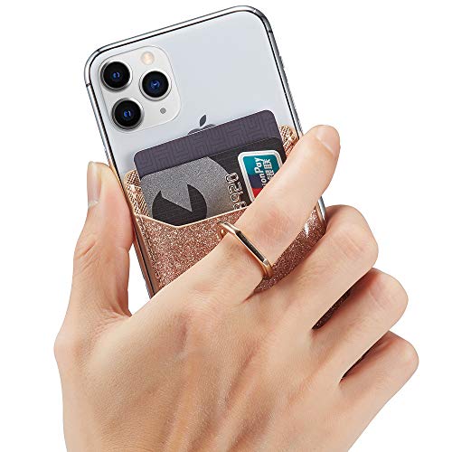 TOPWOOZU Phone Card Holder with Ring Grip for Back of Phone,Adhesive Stick-on Credit Card Wallet Pocket for iPhone,Android and Smartphones