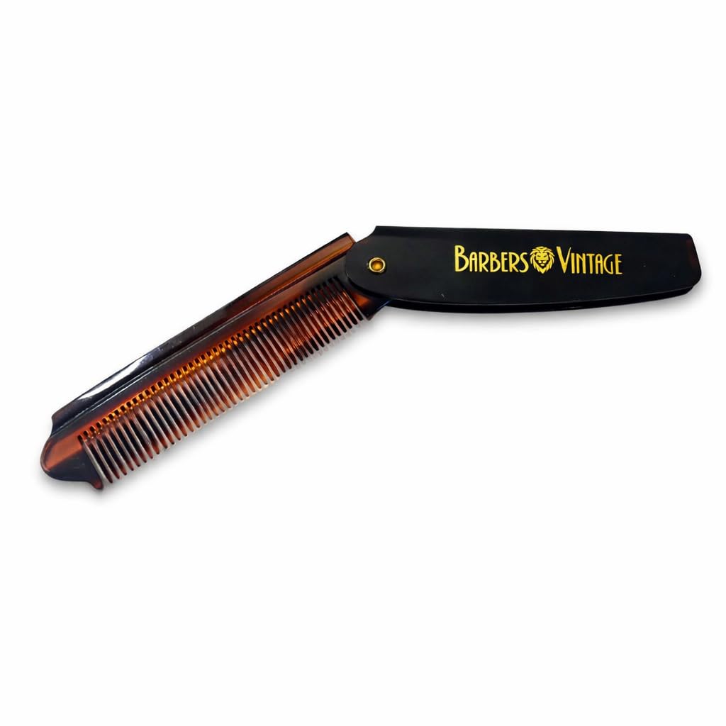 Barbers Vintage Folding Comb (Tortoise Shell Finish). Luxury Hand Made Pocket Flip Comb for Men. Perfect for Male Grooming Hair/Moustache/Beard.