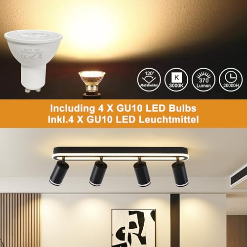 MYCUL Tech 4 Flames 350° Swivel, Ceiling Spotlight with Lower Glow 36W+4x5W Spotlights GU10,3000K Warm White Indoor LED Spotlights, Modern Ceiling Lamp, Spotlight for Kitchen, Living Room Black