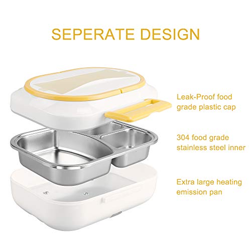 LOHOME Electric Heating Lunch Box Car Home Office Use Food Warmer Portable Bento Meal Heater with Stainless Steel Container 110V and 12V Dual Use (Yellow)
