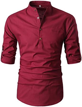 GARSEBO Beloved Men Henley Neck Long Sleeve Daily Look Linen Shirts (XL, Wine Red)