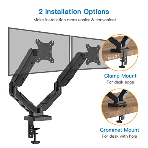 Dual Monitor Stand - Monitor Desk Mount with Swivel & Tilt , Adjustable Monitor Riser with Grommet Installation , C Clamp , Cable Management , Gas Spring Monitor Arms for 15 to 27 inch LCD Screens - Thumbnail 3