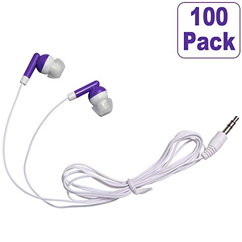 CN-Outlet Wholesale Bulk Eearbuds Headphones 100 Pack for Kids,Classroom,Labs,Students and Adults -Purple