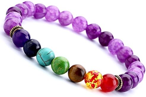 Ghome Lava Rock 7 Chakra Diffuser Bracelet Natural Healing Energy Stone Yoga Elastic Bracelet Bangle 8mm Beads for Men Women (02:Amethyst Beads)