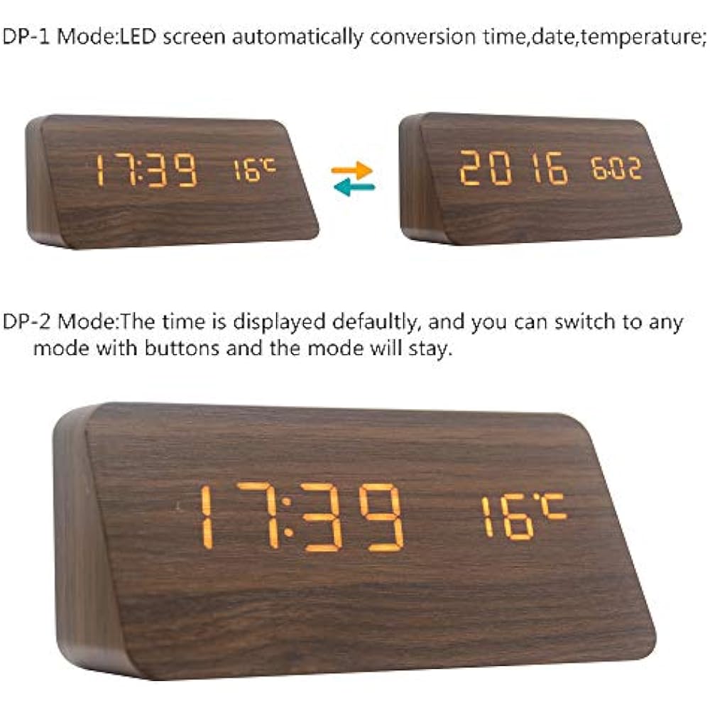 Wooden Digital Alarm Clock, 3 Levels Adjustable Brightness And Voice