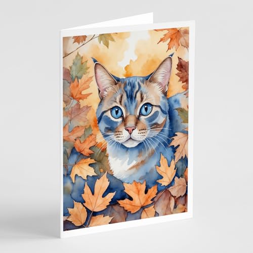 Caroline's Treasures Ojos Azules Cat in Fall Leaves Greeting Cards Pack of 8 Bl…
