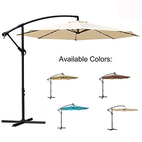 Ediors 10ft Deluxe Solar Power Outdoor Patio Umbrella - Offset Cantilever Sun Umbrella, Hanging Shade Umbrella w/32 LED Lights | Crank Lift System | Cross Base (10ft with 32 LED, White)