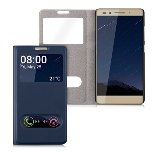 kwmobile Practical and chic FLIP COVER case with window and synthetic leather for > Huawei Honor 7 / Honor 7 Premium < in dark blue