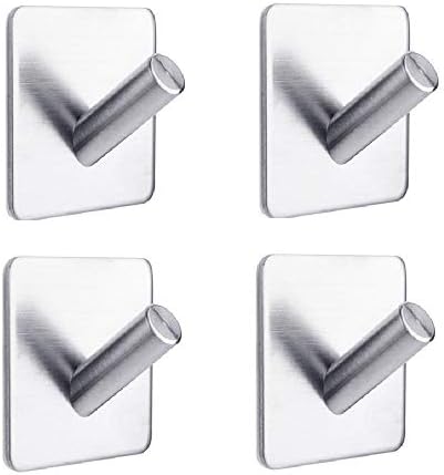 4 Pack of Self Adhesive Hooks, Stainless Steel Wall Mounted Sticky Racks Tea Towel Holder Robe Coat Hat Hook Hanger Heavy Duty Waterproof and Oilproof for Kitchen Bathroom Lavatory , 3M Stick Hook