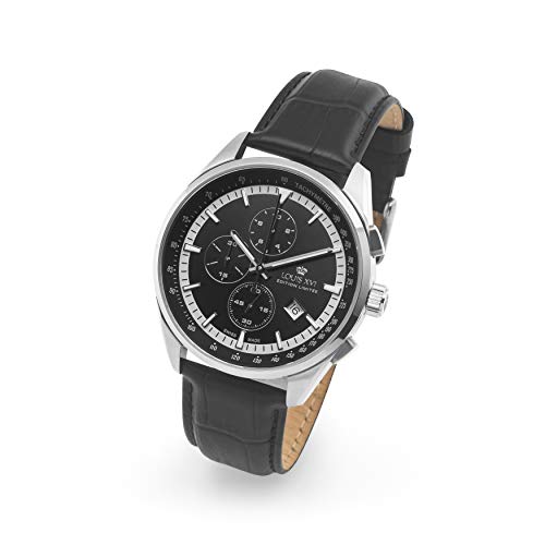 LOUIS-XVI-Herren-Armbanduhr-Varennes-Silber-Schwarz-Chronograph-Analog-Quarz-echtes-Leder-Schwarz-918
