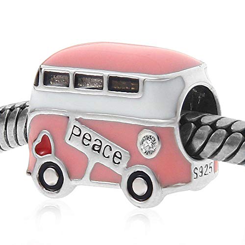 Peace Bus Charms,925 Sterling Silver with Pink Enamel, Mini Beads