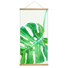 Hanging Poster with Wood Frames - Watercolor Style Tropical Leave - Ready to Hang Decorative Wall Art - 18"x36"
