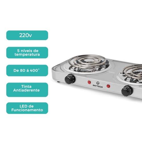 Fogareiro Elétrico 2 Bocas Espiral 127V/220V 2000W Portátil BAYTECH (Prata, 220V)