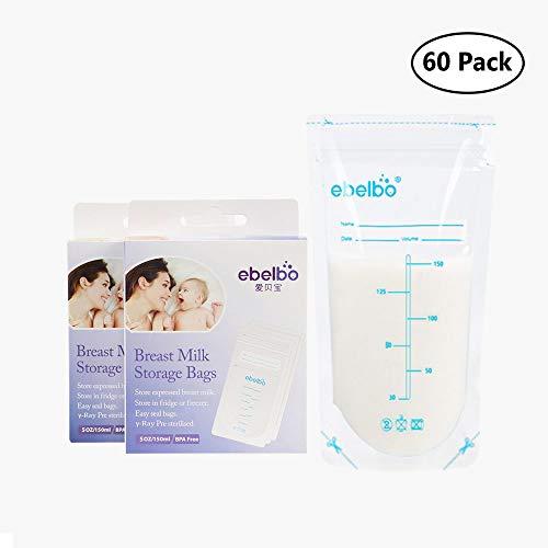 60 Count Breastmilk Storage Bags 5 Oz/150ml Breastfeeding Freezer Storage Container Bags for Breast Milk BPA Free & Comes Pre-sterilized with Leak Proof & Accurate Measurements (5 Oz/150ml)