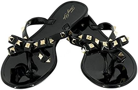 Tengyu Womens Rivets Bowtie Flip Flops Jelly Thong Sandal Rubber Flat Summer Beach Rain Shoes