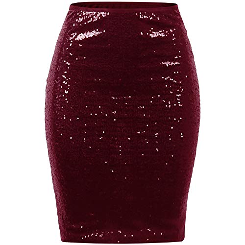 VICCKI Women Fashion Solid Slim High Waist Push up Hip Pencil Zipper Sequin Skirt Wine