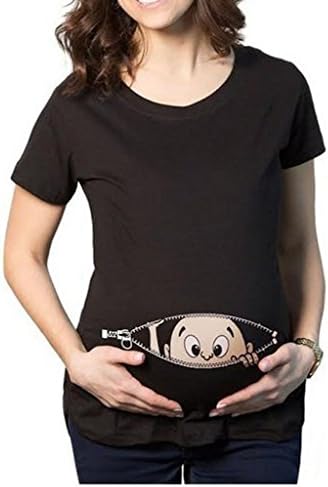 ASWear Maternity Baby Peeking Shirt Funny Pregnancy Tees Cute Announcement Pregnant T shirts, Black, S