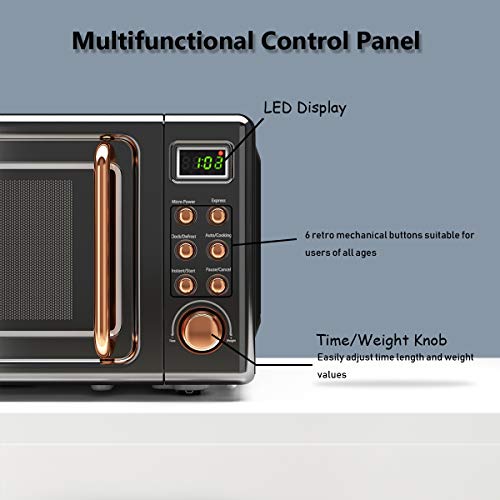 COSTWAY Retro Countertop Microwave Oven, 0.7Cu.ft, 700-Watt, Cold Rolled Steel Plate, 5 Micro Power, Delayed Start Function, with Glass Turntable & Viewing Window, LED Display, Child Lock (Gold) - Thumbnail 4