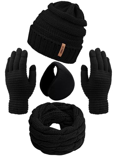 ANECO Winter Warm Sets Knitted Scarf Beanie Hat Touch Screen Gloves and Winter Ear Warmer for Men or Women